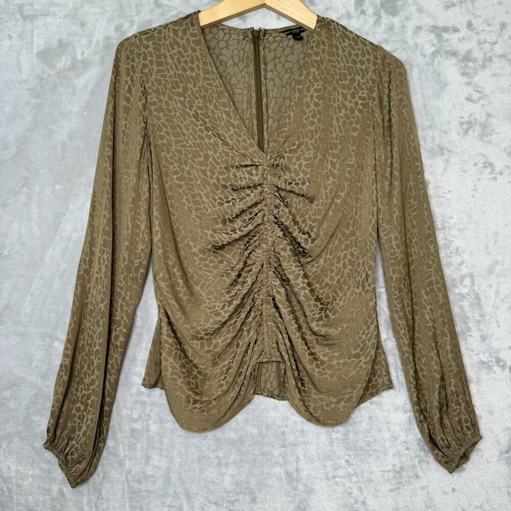 Guess Top Womens Small Brown Animal Print Ruched Front V Neck Balloon Sleeve